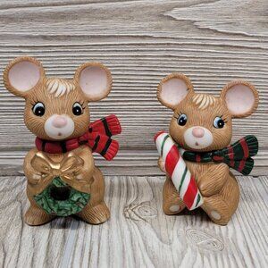2 Homco‎ Christmas Mouse Mice Figurines Holiday Decor Wreath Candy Cane 80's Vtg